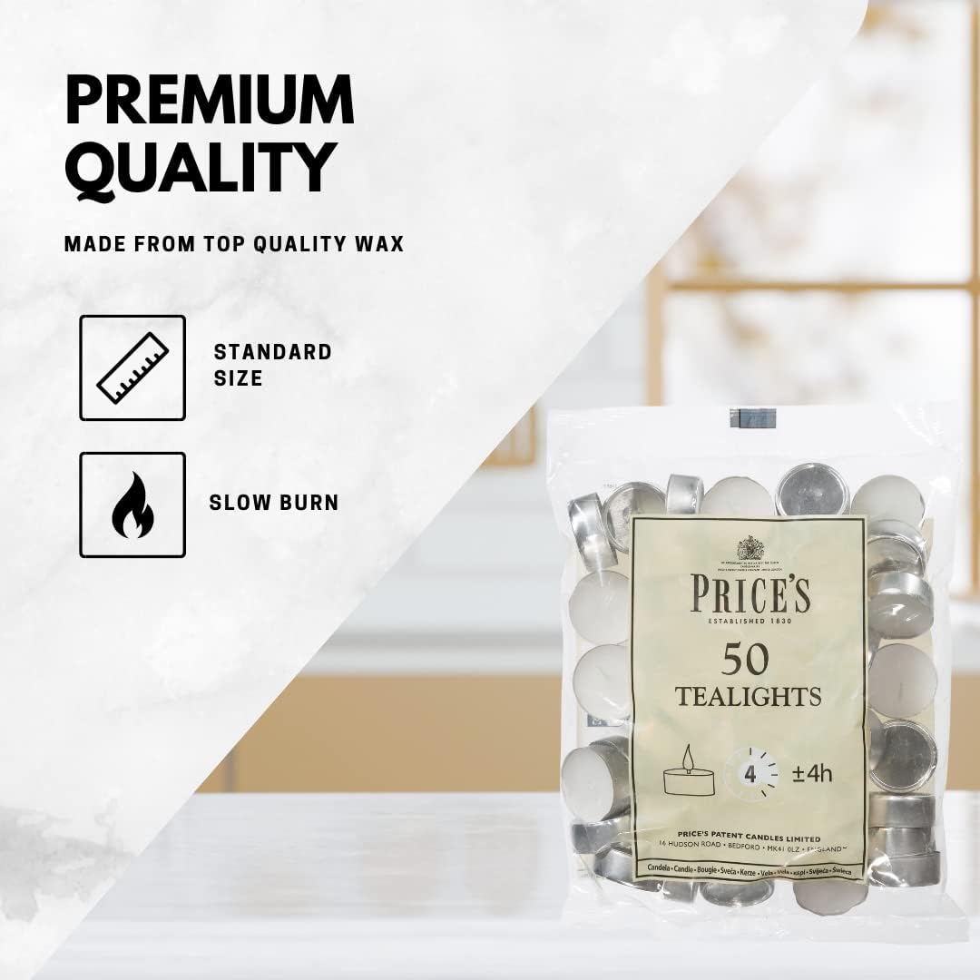 Prices Patent Candles White Tealights Bag, Pack of 50, Wax