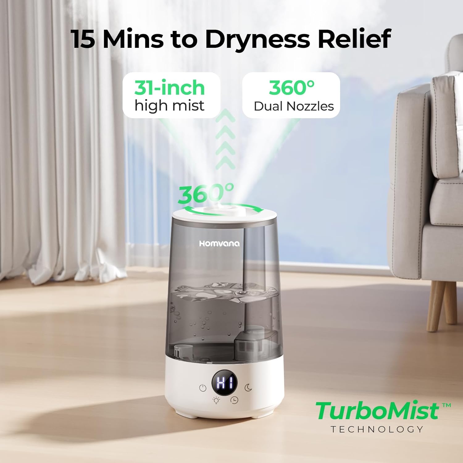 Homvana Humidifier for Bedroom, 3.6L Cool Mist for Large Room Office