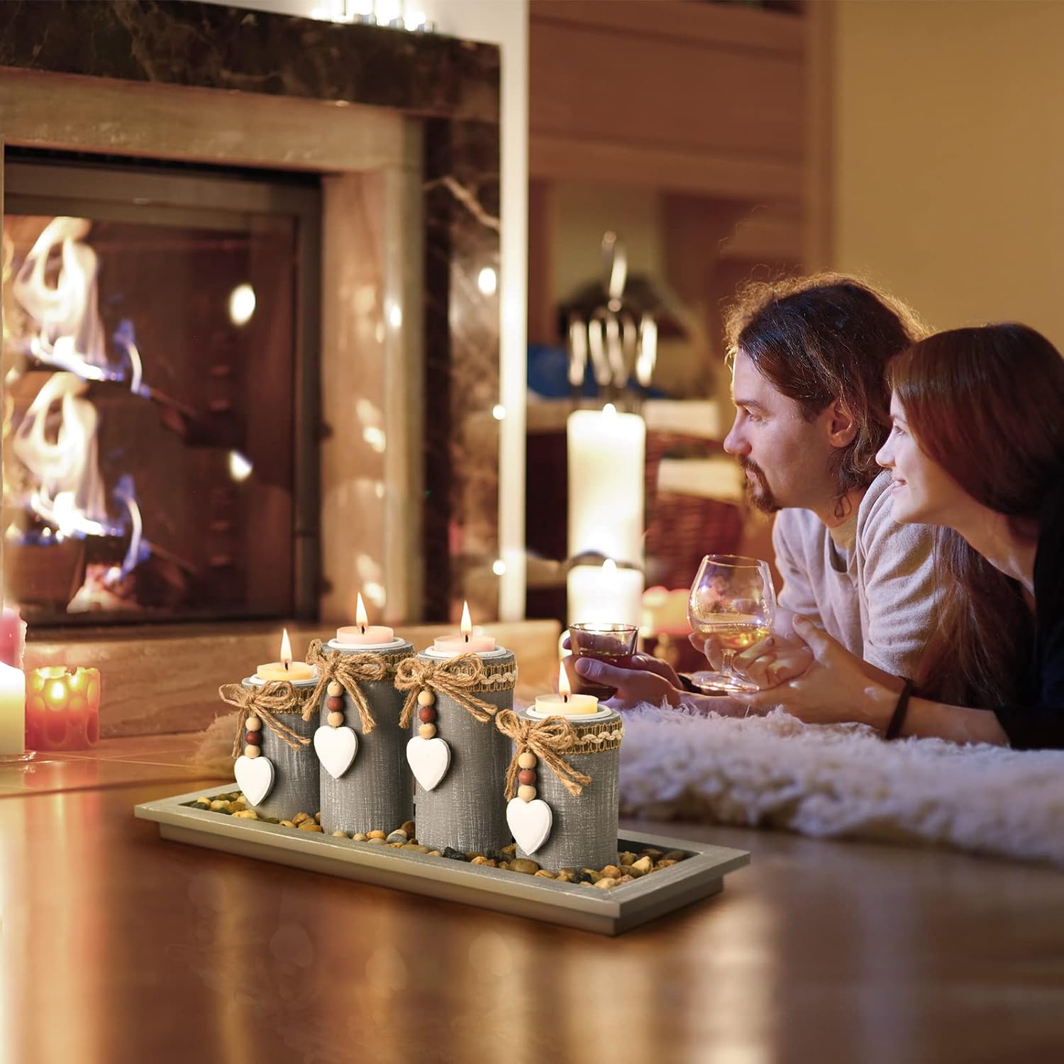 Candle Holder Set of 4 with Wodden Tray