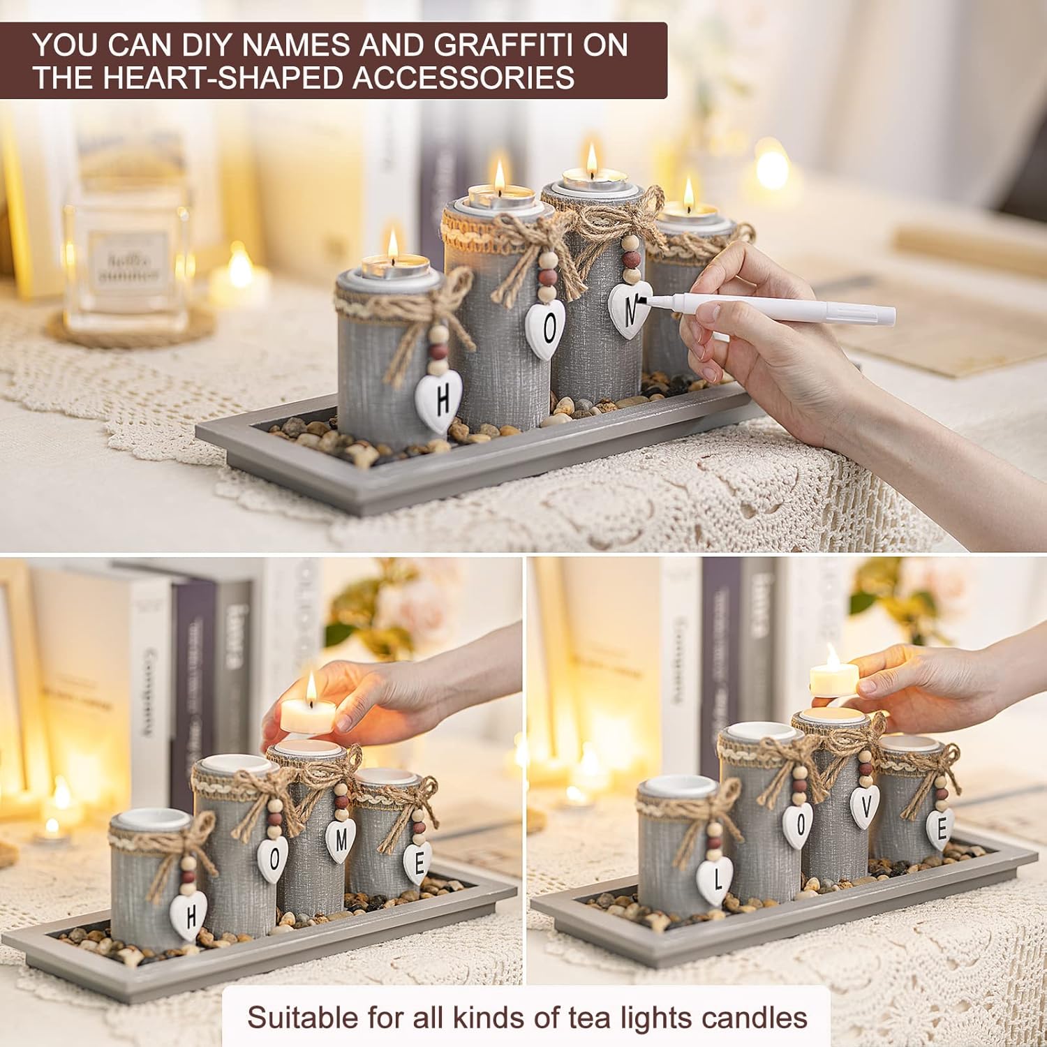 Candle Holder Set of 4 with Wodden Tray